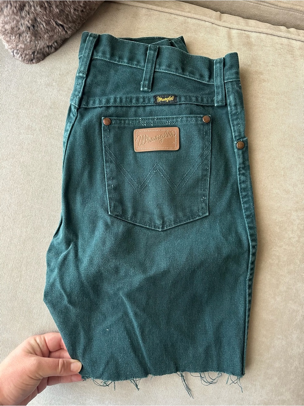 Wrangler womens high waist mid length Green Denim Jean cutoff shorts